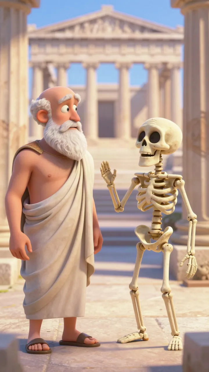 Result: Pixar-style Socrates and a skeleton arguing in ancient Athens