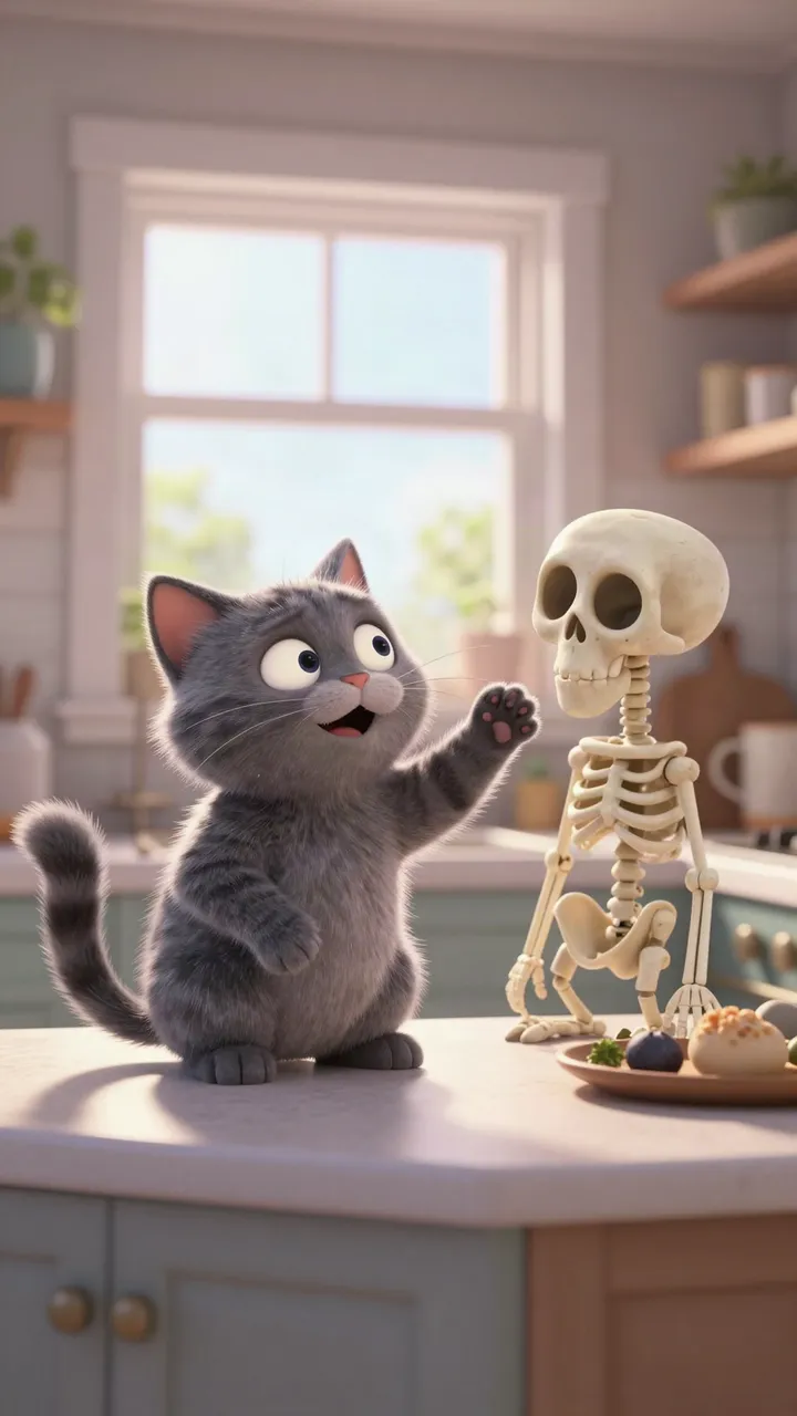 Result: a cat and a skeleton arguing in a kitchen