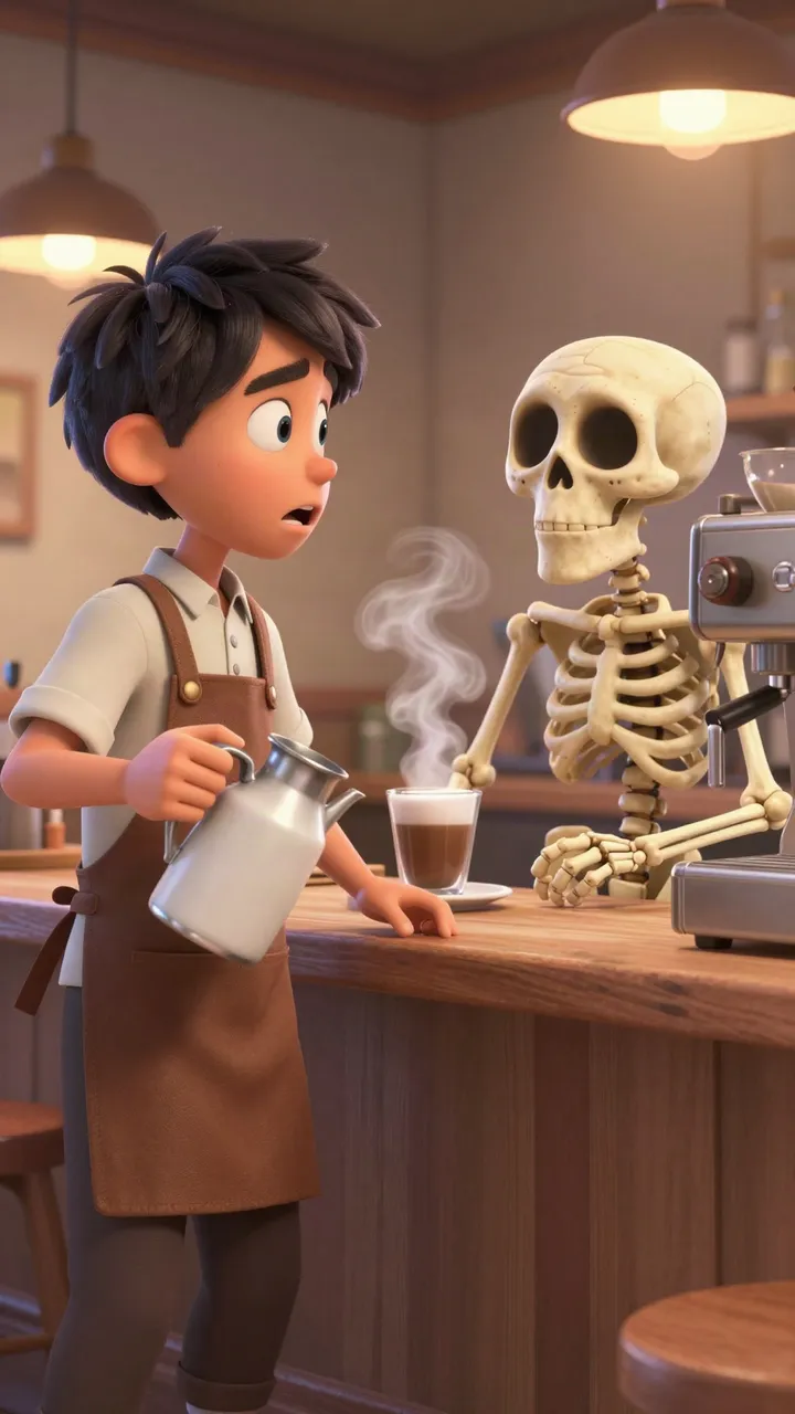 Result: a barista and a skeleton arguing in a café