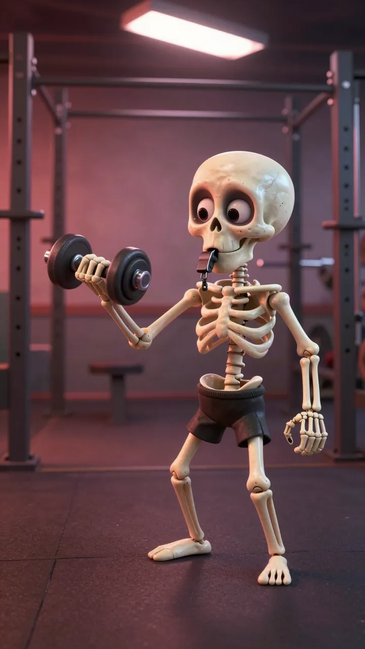 Result: a skeleton with a dumbbell in a gym