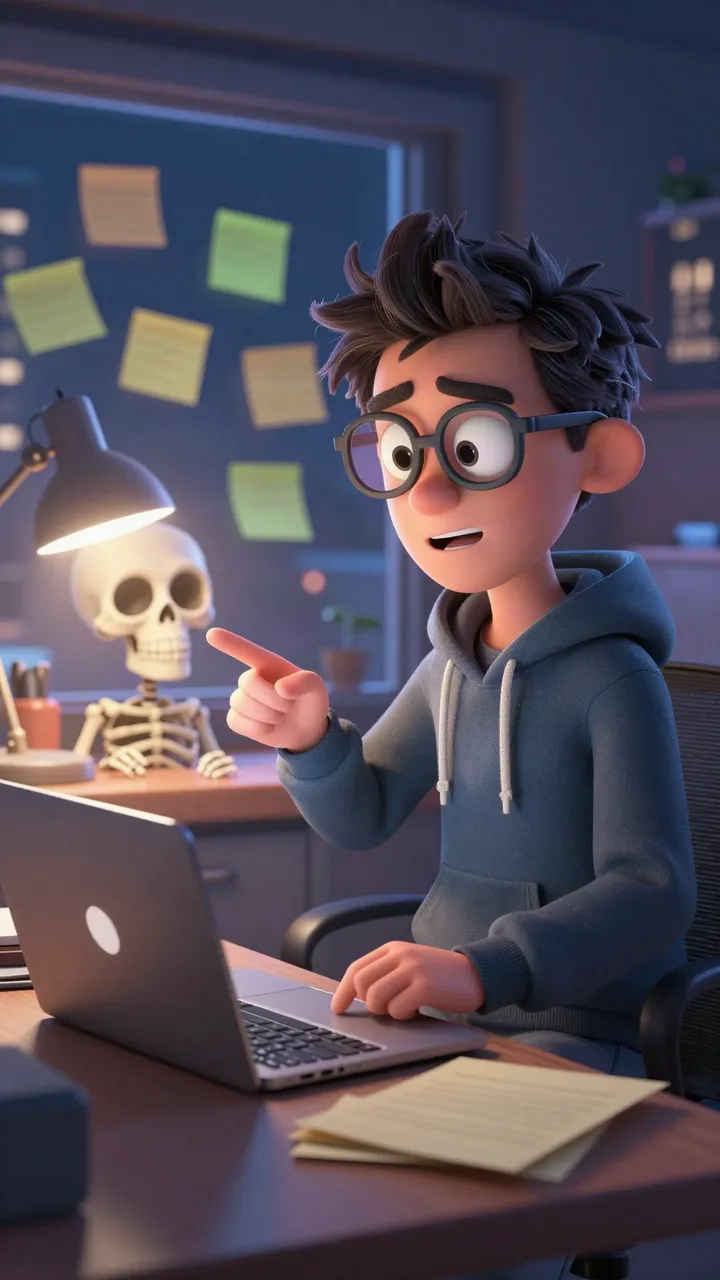 Result: a startup founder and a skeleton arguing in a tiny office